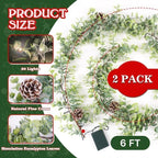 6 FT Lighted Christmas Eucalyptus Garlands, 2 Pack Artificial Greenery Garland with 20 Warm LED Lights with Star, alternate