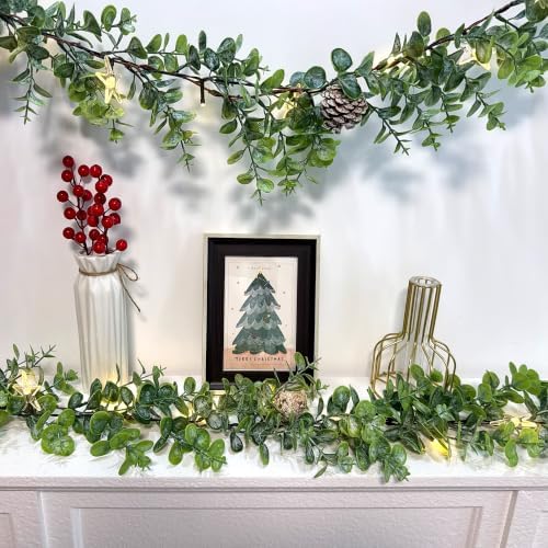 6 FT Lighted Christmas Eucalyptus Garlands, 2 Pack Artificial Greenery Garland with 20 Warm LED Lights with Star, alternate
