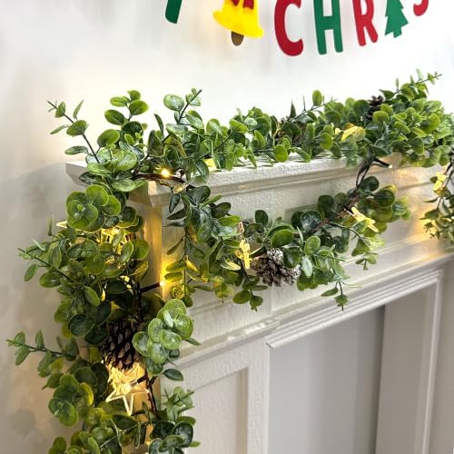 6 FT Lighted Christmas Eucalyptus Garlands, 2 Pack Artificial Greenery Garland with 20 Warm LED Lights with Star, alternate