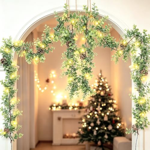 6 FT Lighted Christmas Eucalyptus Garlands, 2 Pack Artificial Greenery Garland with 20 Warm LED Lights with Star, alternate