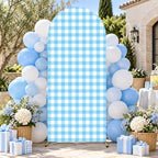 6 Ft Metal Arch Backdrop Stand and Blue White Checkered Cover Set in blue, alternate view 3