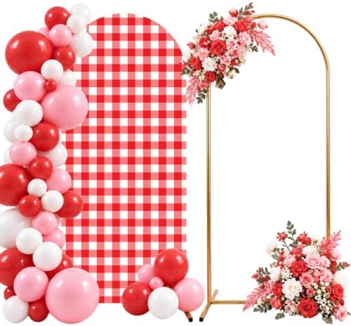 6 Ft Metal Arch Backdrop Stand and Red White Checkered Cover Set in red