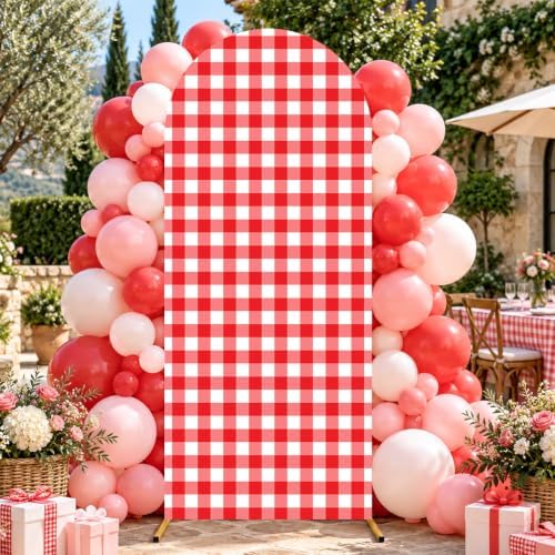 6 Ft Metal Arch Backdrop Stand and Red White Checkered Cover Set in red, alternate view 3