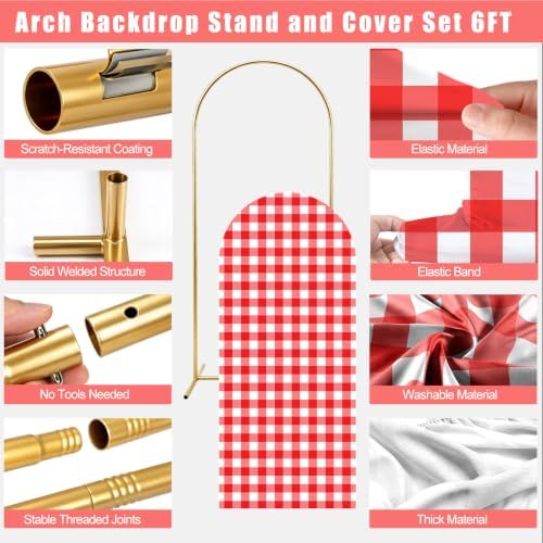 6 Ft Metal Arch Backdrop Stand and Red White Checkered Cover Set in red, alternate view 5