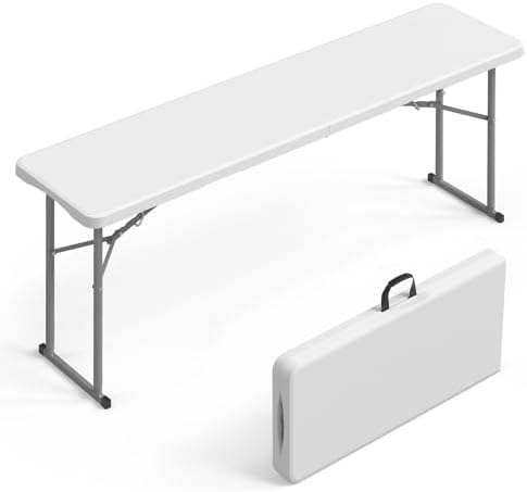 6 FT Narrow Folding Table, Tabletop Folded in Half, Premium Quality HDPE Material and Sturdy Metal Frame
