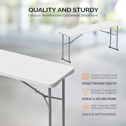6 FT Narrow Folding Table, Tabletop Folded in Half, Premium Quality HDPE Material and Sturdy Metal Frame, alternate view 4
