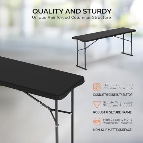 6 FT Narrow Folding Table, Tabletop Folded in Half, Premium Quality HDPE Material and Sturdy Metal Frame, alternate view 5