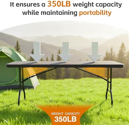 6 Ft Plastic Folding Table, Heavy Duty Portable Table for Indoor & Outdoor, Wood Grain Desktop & 350lbs Weight, alternate