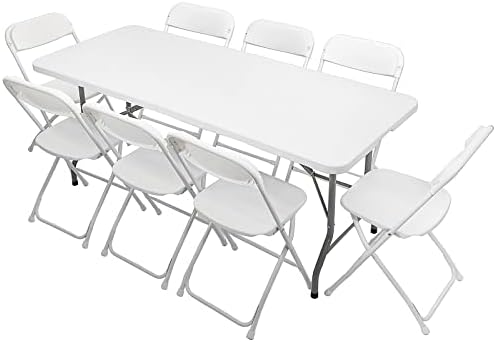 6 FT Plastic Folding Table Set with 8 White Folding Chairs for Picnic, Event, Training, Outdoor Activities, at