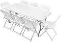 6 FT Plastic Folding Table Set with 8 White Folding Chairs for Picnic, Event, Training, Outdoor Activities, at