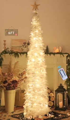 6 FT Pop Up Christmas Tree with 100 LED Timer Lights & Remote, White Christmas Tinsel Tree, Collapsible