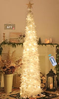 6 FT Pop Up Christmas Tree with 100 LED Timer Lights & Remote, White Christmas Tinsel Tree, Collapsible