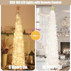 6 FT Pop Up Christmas Tree with 100 LED Timer Lights & Remote, White Christmas Tinsel Tree, Collapsible, alternate view 2