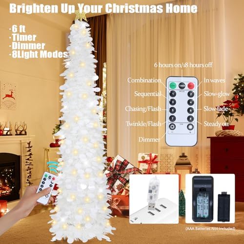6 FT Pop Up Christmas Tree with 100 LED Timer Lights & Remote, White Christmas Tinsel Tree, Collapsible, alternate view 4