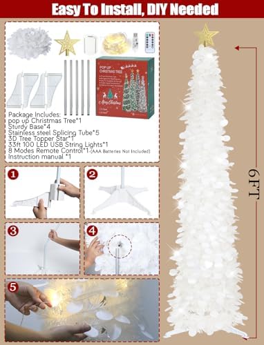 6 FT Pop Up Christmas Tree with 100 LED Timer Lights & Remote, White Christmas Tinsel Tree, Collapsible, alternate view 6