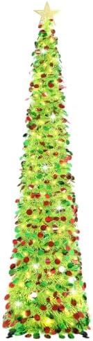 6 FT Pop Up Tinsel Christmas Tree with 100 LED Timer Lights & Remote in Colorful Lime Green