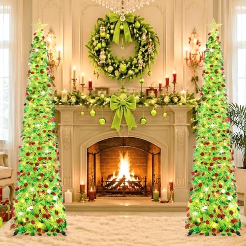 6 FT Pop Up Tinsel Christmas Tree with 100 LED Timer Lights & Remote in Colorful Lime Green, alternate view 3