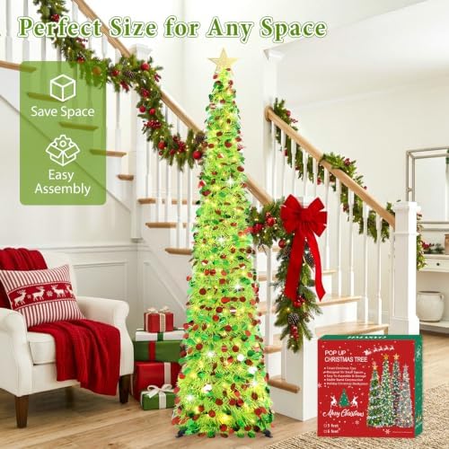 6 FT Pop Up Tinsel Christmas Tree with 100 LED Timer Lights & Remote in Colorful Lime Green, alternate view 4