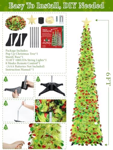 6 FT Pop Up Tinsel Christmas Tree with 100 LED Timer Lights & Remote in Colorful Lime Green, alternate view 5
