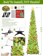 6 FT Pop Up Tinsel Christmas Tree with 100 LED Timer Lights & Remote in Colorful Lime Green, alternate view 5