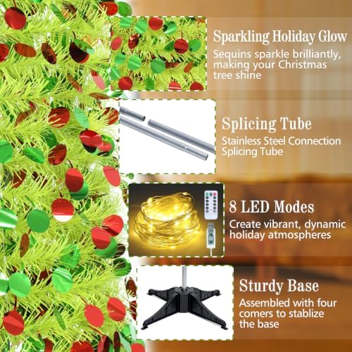 6 FT Pop Up Tinsel Christmas Tree with 100 LED Timer Lights & Remote in Colorful Lime Green, alternate view 6