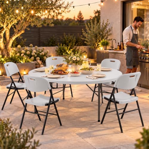6 FT Round Folding Table | White | Portable Plastic Table, alternate view 2