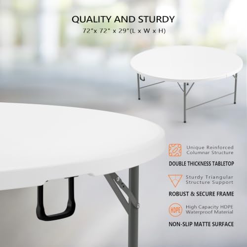 6 FT Round Folding Table | White | Portable Plastic Table, alternate view 3