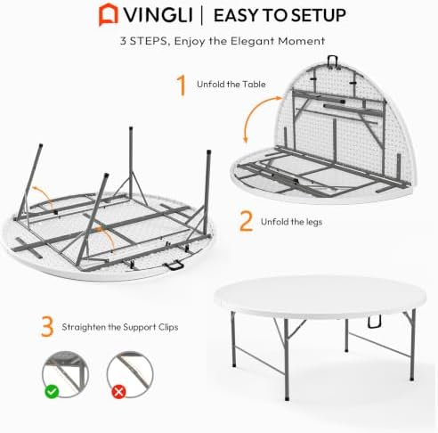 6 FT Round Folding Table | White | Portable Plastic Table, alternate view 5