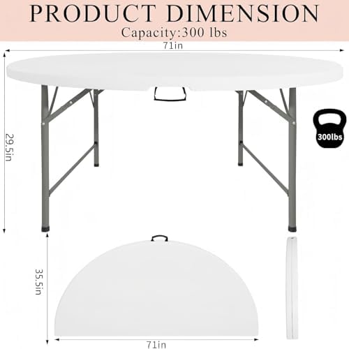6 FT Round Folding Tables with Carrying Handle 72 inch Heavy Duty Portable Plastic Commercial Table Steel Legs, alternate