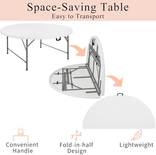 6 FT Round Folding Tables with Carrying Handle 72 inch Heavy Duty Portable Plastic Commercial Table Steel Legs, alternate