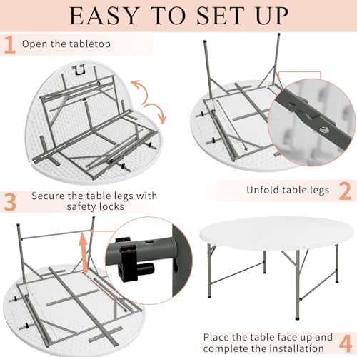 6 FT Round Folding Tables with Carrying Handle 72 inch Heavy Duty Portable Plastic Commercial Table Steel Legs, alternate
