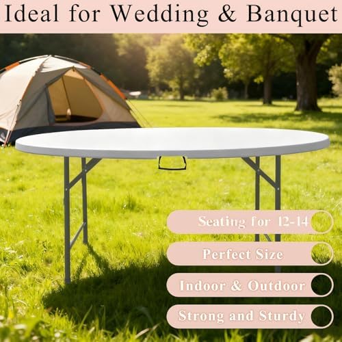 6 FT Round Folding Tables with Carrying Handle 72 inch Heavy Duty Portable Plastic Commercial Table Steel Legs, alternate