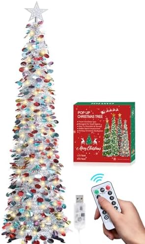 6 FT Tinsel Pop Up Christmas Tree, with Remote 100 LED Timer Lights in Colorful Silver
