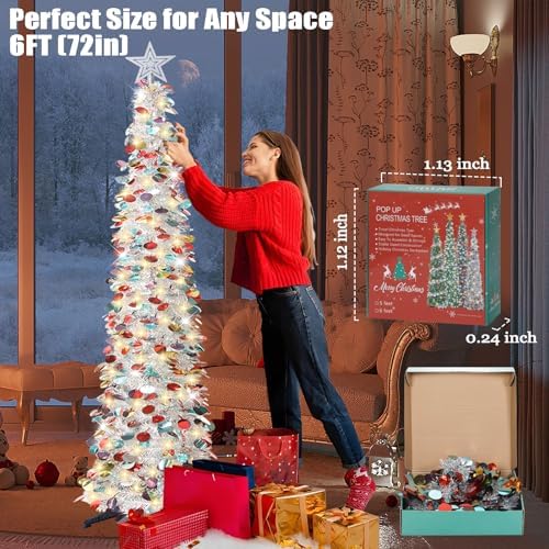 6 FT Tinsel Pop Up Christmas Tree, with Remote 100 LED Timer Lights in Colorful Silver, alternate view 3
