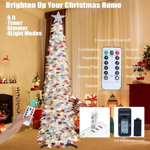 6 FT Tinsel Pop Up Christmas Tree, with Remote 100 LED Timer Lights in Colorful Silver, alternate view 4