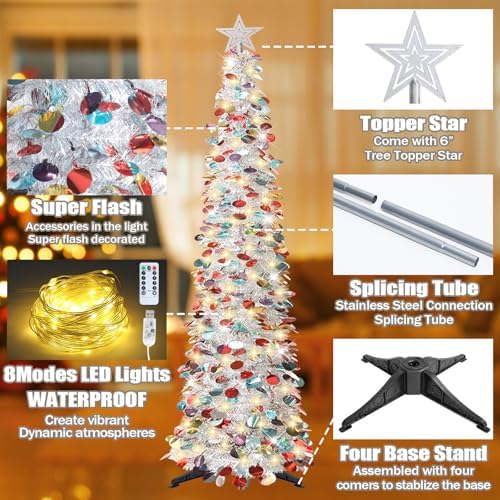 6 FT Tinsel Pop Up Christmas Tree, with Remote 100 LED Timer Lights in Colorful Silver, alternate view 6