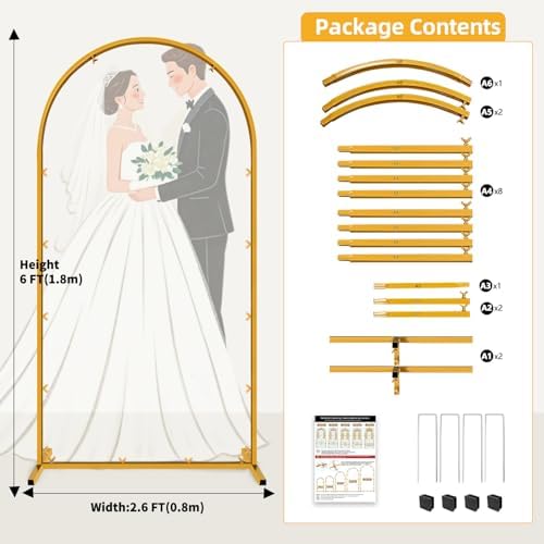 6 FT Wedding Arch Frame Backdrop Stand for Party, Balloon Arch Stand, Wedding Arches for Ceremony, Metal Gold, alternate view