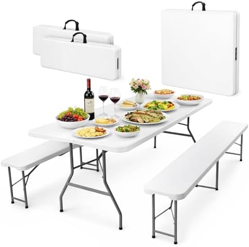 6 Ft White Plastic Folding Table Set with 2 Benches - Heavy-Duty Picnic Table & Bench Set, Space-Saving