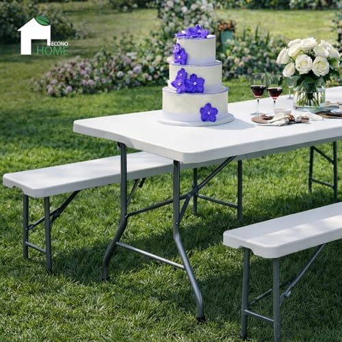 6 Ft White Plastic Folding Table Set with 2 Benches - Heavy-Duty Picnic Table & Bench Set, Space-Saving, alternate view 2