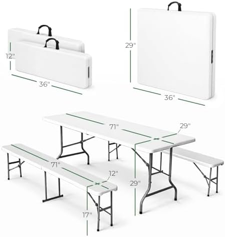 6 Ft White Plastic Folding Table Set with 2 Benches - Heavy-Duty Picnic Table & Bench Set, Space-Saving, alternate view 3