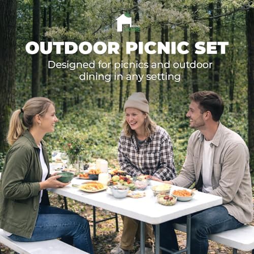 6 Ft White Plastic Folding Table Set with 2 Benches - Heavy-Duty Picnic Table & Bench Set, Space-Saving, alternate view 4