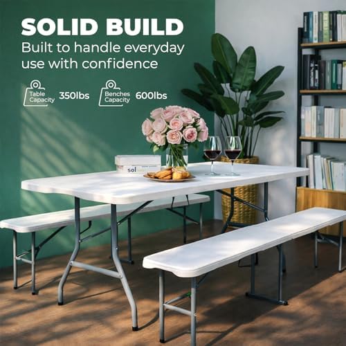 6 Ft White Plastic Folding Table Set with 2 Benches - Heavy-Duty Picnic Table & Bench Set, Space-Saving, alternate view 7