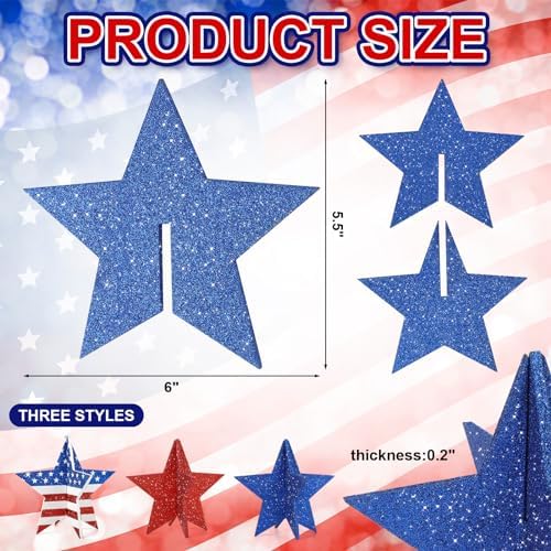 6" Glitter Red Blue White Patriotic 3D Stars, 4th of July Decorations Set, alternate view 3