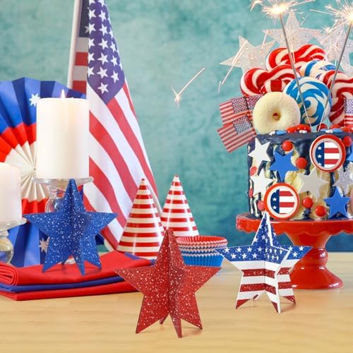 6" Glitter Red Blue White Patriotic 3D Stars, 4th of July Decorations Set, alternate view 5