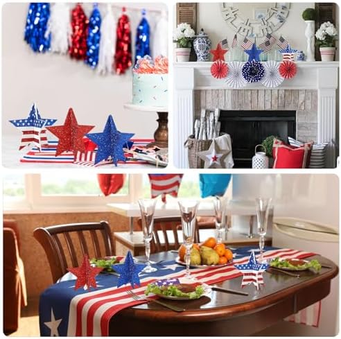 6" Glitter Red Blue White Patriotic 3D Stars, 4th of July Decorations Set, alternate view 6