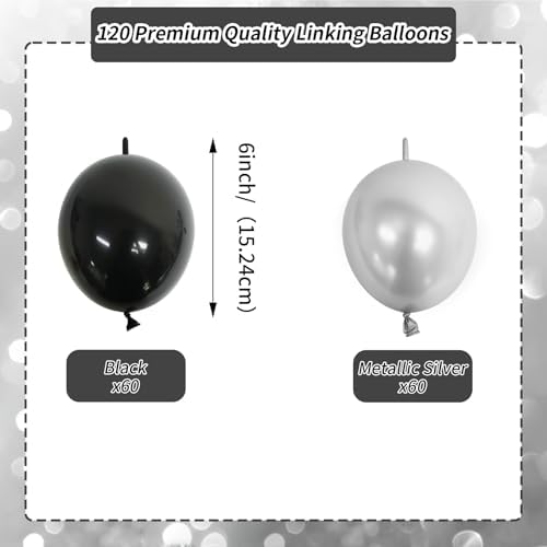 6 Inch Black and Silver Linking Balloons, 120Pcs Quick Link Balloons Garland & Arch Kit for DIY Balloon Wall, alternate view