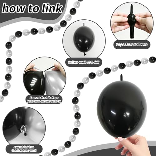 6 Inch Black and Silver Linking Balloons, 120Pcs Quick Link Balloons Garland & Arch Kit for DIY Balloon Wall, alternate view