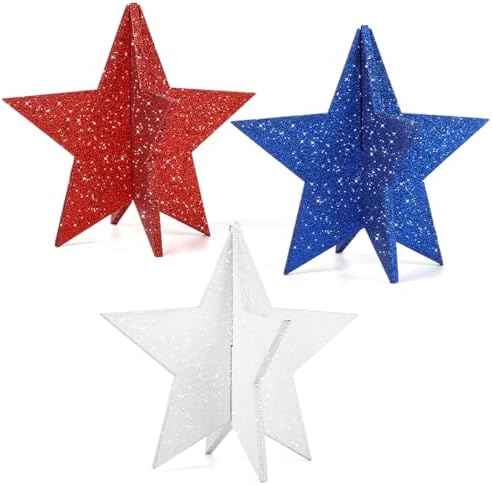 6 Inch Labor Day Decorations Wooden Stars Set, 3D Glitter Star Memorial Day Tiered Tray Decor, 4th of July Red