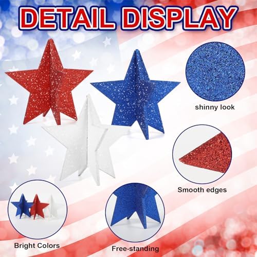 6 Inch Labor Day Decorations Wooden Stars Set, 3D Glitter Star Memorial Day Tiered Tray Decor, 4th of July Red, alternate