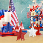 6 Inch Labor Day Decorations Wooden Stars Set, 3D Glitter Star Memorial Day Tiered Tray Decor, 4th of July Red, alternate